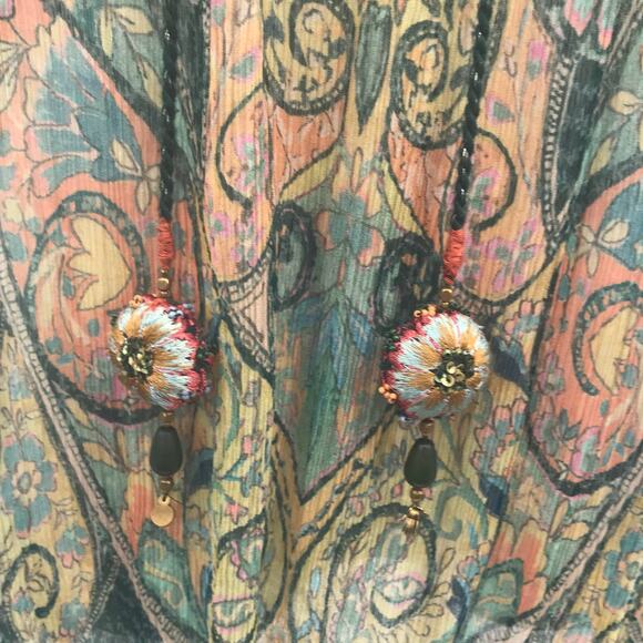 Soft Surroundings Shira Green Embroidered Tassel Neck Top - Picture 6 of 10